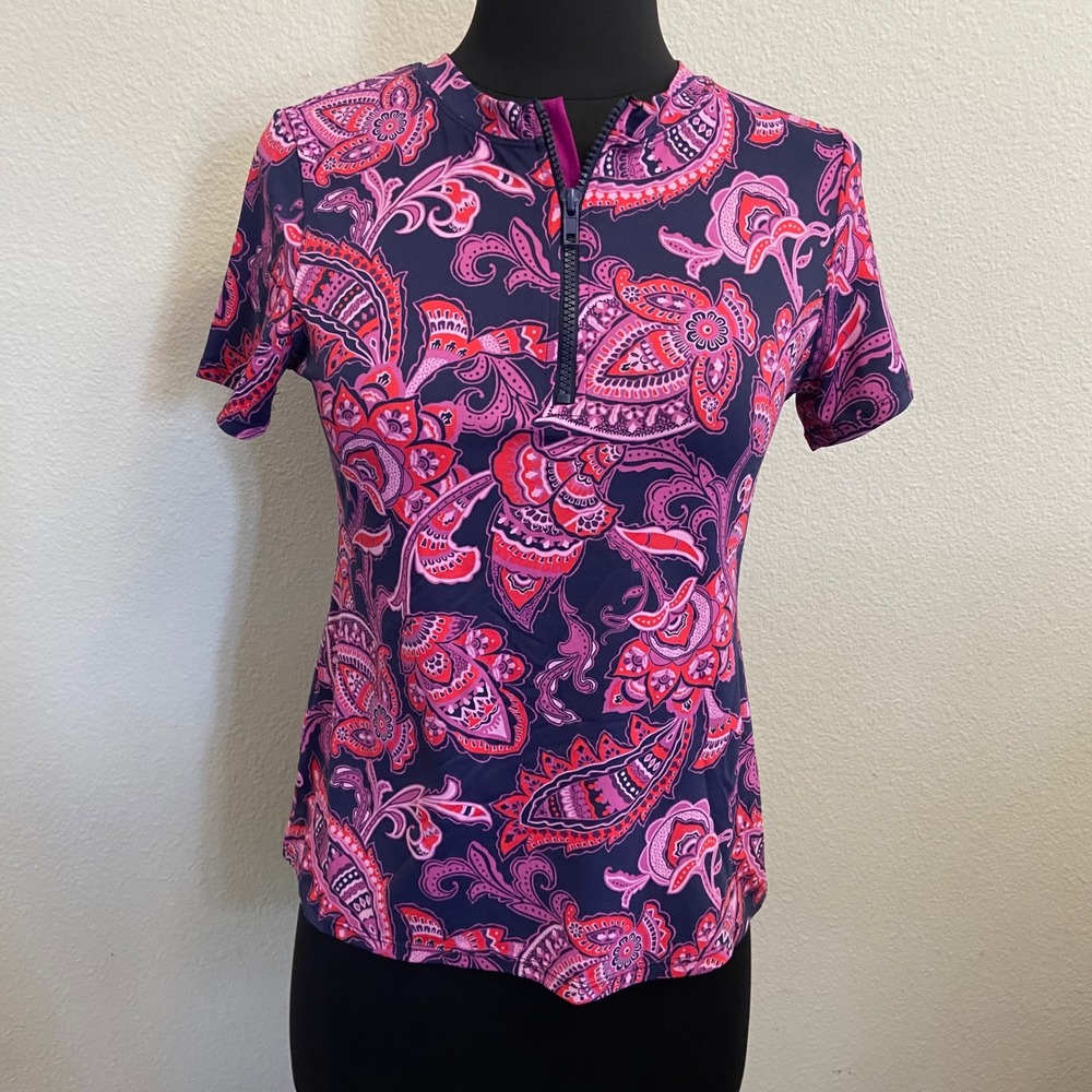 Tommy Bahama Paisley Floral Print Half Zip Short Sleeve Swimwear Top Size Small